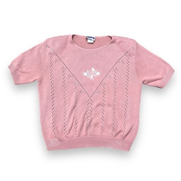 Vintage Pink Rose Embroidered Short Sleeve Sweater Size Large Cottage Coquette - Picture 1 of 13